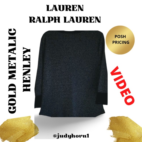 LAUREN RALPH LAUREN Coal Black and Gold Metallic Henley Sweater - Picture 4 of 7